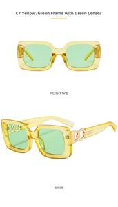 Close-up of square yellow sunglasses with green lenses and gold metal temple details