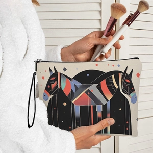 Portable geometric horse print cosmetic bag with handle and zipper for travel