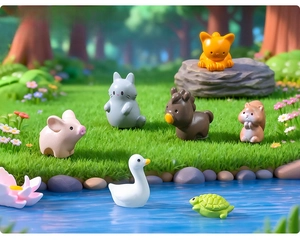 Close-up of miniature resin animals including pig, cat and duck for moss micro landscapes