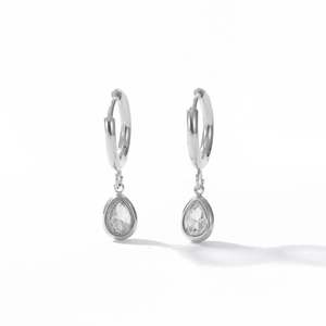 Elegant silver huggie hoop earrings with clear teardrop zircon pendants in minimalist style