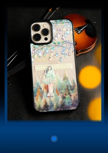 Artistic iPhone case featuring forest and bulb illustrations with a violin background