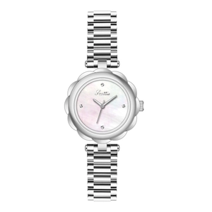 Elegante Damen-Silberuhr mit rosa Perlmutt-Zifferblatt und floraler gewellter Lünette