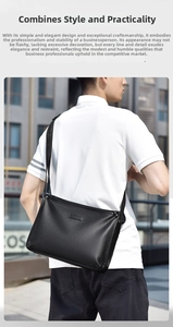Close-up of litchi texture black leather messenger bag with side zipper and fabric strap