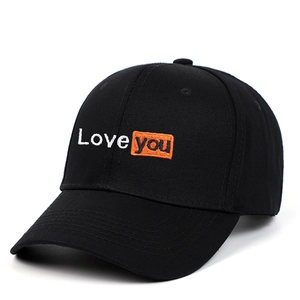 Casquette de baseball noire en coton avec broderie Love You en blanc et orange