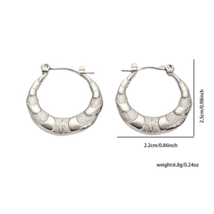 Silver wavy hoop earrings detail with dimensions 2.5cm by 2.2cm on white background
