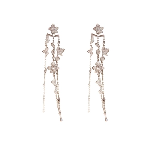Exquisite silver floral earrings with long butterfly tassels and shimmering zircon crystals