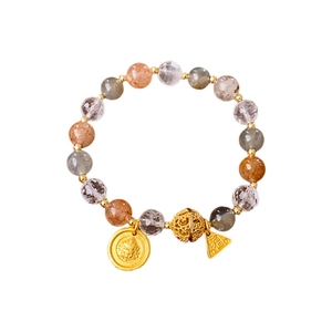 Moonstone and strawberry quartz beaded bracelet with retro gold charms and classic ornaments