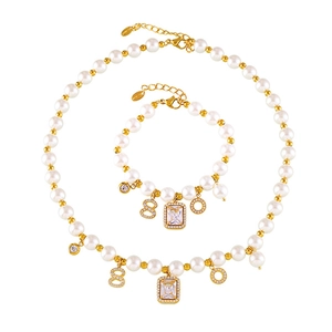 Vintage 18k gold plated stainless steel jewelry set with pearls and zircon charms