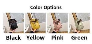 Detailed grid view of mini woven leather bucket bags in black, yellow, pink, and green