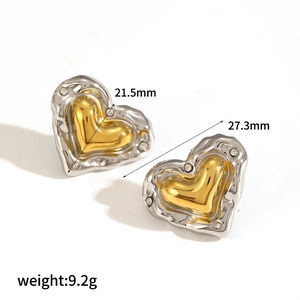 Geometric heart-shaped stud earrings in gold and silver with sparkling rhinestones