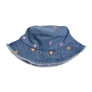 Detailed view of light blue denim bucket hat with floral embroidery and frayed edges