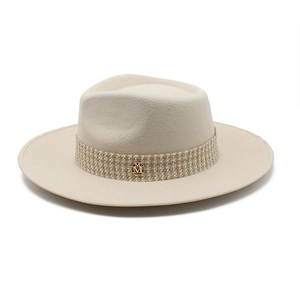 Classic beige wool fedora hat with a checkered ribbon and golden M logo detail