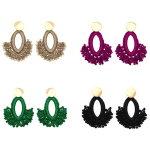 Bohemian fan-shaped handmade seed bead tassel earrings set in four vibrant colors