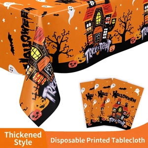 Durable Halloween spider web tablecloth with orange pumpkins and Trick or Treat print