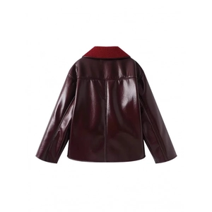 Burgundy glossy faux leather jacket with vibrant red faux fur collar in a flat lay view