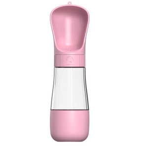 Portable pink dog water bottle and dispenser with a wide trough and leak-proof lock