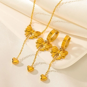 Bowtie Heart Tassel Necklace And Earrings Stainless Steel Gold Plated Fashion Jewelry For Women Elegant