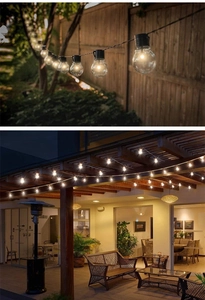 Close-up and patio scene of waterproof warm yellow LED G50 solar string lights for garden decor