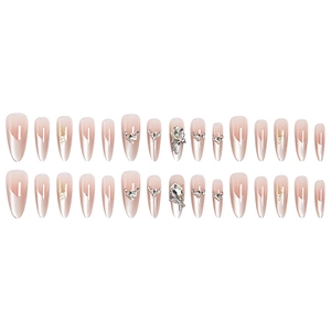 30pcs Cat Eye French press-on nails with almond shape, pink gradient and rhinestones
