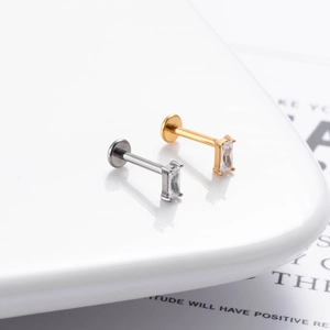 G23 titanium push-pin labret with rectangular zircon studs in gold and silver finish