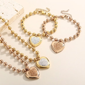 Collier Et Bracelet Pendentif Coeur En Acier Inoxydable Avec Strass Chaîne À Billes Pour Femme