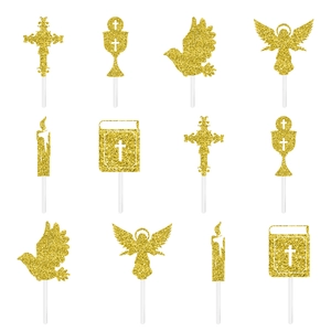 Set di 12 topper per torta religiosi in glitter dorato con croci, angeli e calici