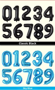 Detail of 0-9 number balloons in black and sky blue with metallic finish for parties