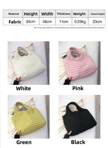 Size guide for puff flower canvas shoulder bag with detailed fabric and weight specs