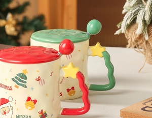 Detailed close-up of Christmas ceramic mugs with festive patterns and colorful lids and spoons