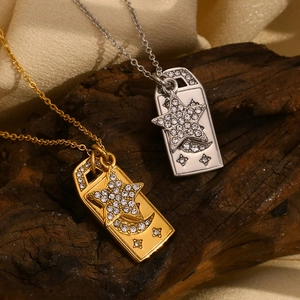 Celestial square pendant necklace in gold and silver steel with star moon crystal patterns
