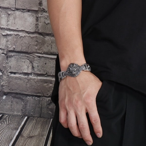 Men's 304 stainless steel wolf head bracelet with vintage silver finish and braided chain