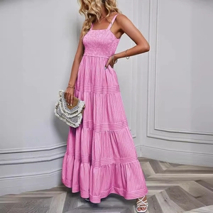 Pink striped sundress for women featuring a tiered cake skirt and pleated waist design