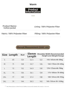 Detailed size chart for solid color casual winter padded jacket with polyester material
