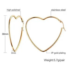 Detail showing 38mm heart earrings in polished stainless steel with dimensions