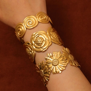 18K gold plated stainless steel open bangles with floral and spiral textured designs