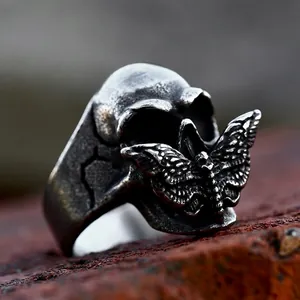 Gothic Moth Skull Ring Stainless Steel Retro Distressed Punk Biker Ring For Men