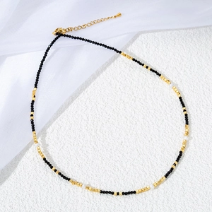 Black spinel beaded necklace with 18k gold plated titanium steel and white pearls