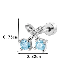 Silver cherry stud earrings with blue stones and clear zircon, 0.75cm height dimension