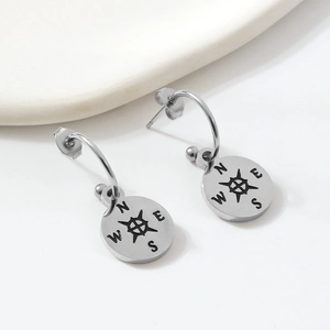 Stainless Steel Compass Drop Earrings For Women Fashion Ins Style Letter Engraved Round Pendant Earrings Nautical Jewelry
