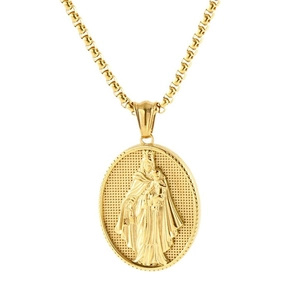 Collana con ciondolo ovale Vergine Maria in acciaio dorato con rilievo religioso unico
