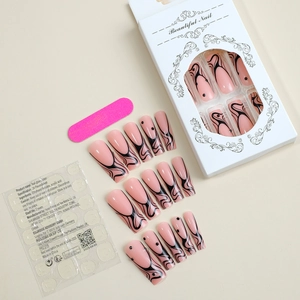 French tip press-on nails set with pink marble design, file and adhesive tabs in box