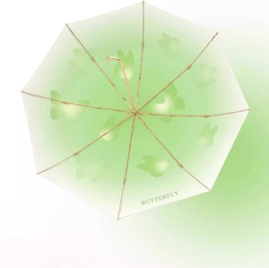 Detailed top view of a light green gradient sun umbrella with butterfly prints