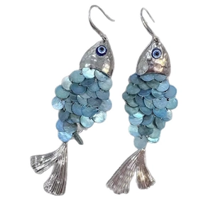 Silver fish-shaped earrings with blue shell scales and evil eye beads for beach style