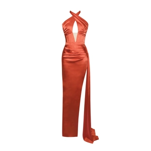 Elegant orange satin halter neck dress with cutout bodice and long draped split skirt
