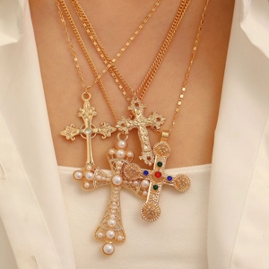 Cross Pendant Necklace Multi Layer Vintage Baroque Gothic Jewelry Alloy With Rhinestone Artificial Pearl For Men Women