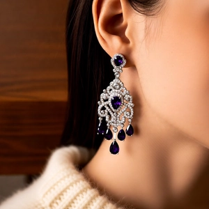 Close-up of a model wearing ornate chandelier earrings with purple gems and silver plating