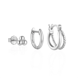 Three-piece 925 sterling silver set with ball studs and minimalist hoop earrings
