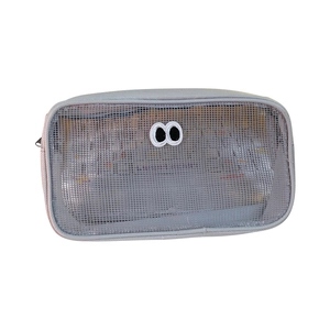 Portable gray mesh travel organizer bag with cartoon eyes for cosmetics and toiletries