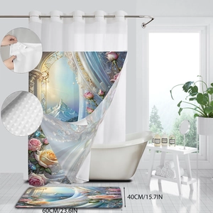 Waterproof shower curtain set with floral mountains design and matching bathroom floor mat