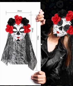 Ghost bride Day of the Dead mask with black lace veil and size dimensions detail